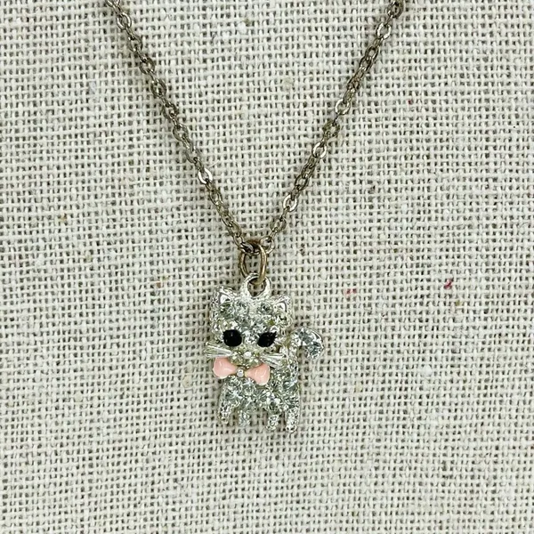 Claire’s Rhinestone Cat Kitten Pendant Charm Silver Tone Chain Link Necklace - Image 2