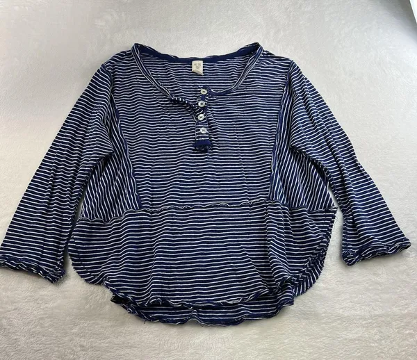 We The Free People S Small Hong Kong Henley Top Navy Striped Raw Hem Boho Beachy - Image 4