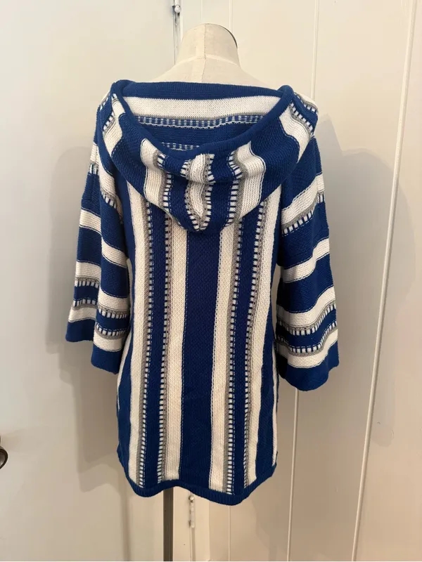 Team Apparel Colts Blue and White Striped V-Neck Hooded Sweater Sz S/M - Image 2