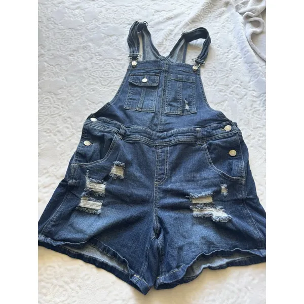 Almost Famous Romper, Women's Size 13 Blue, Denim, Overalls Shorts Distressed - Image 2