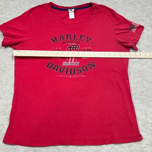 Harley Davidson Sauk Prairie WI Red Graphic T-Shirt Womens American‎ Flag Sleeve - Image 6