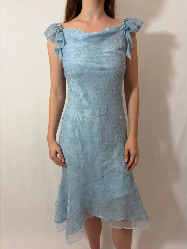 Light Blue Rose Floral Velvet Ruffle Japanese Vintage Formal Coquette Dress - Image 3