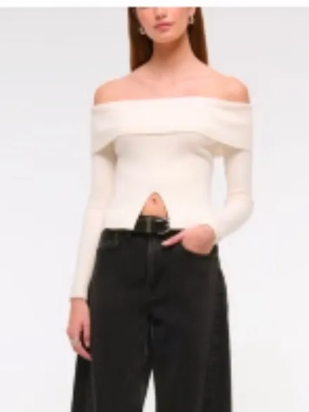 Abercrombie Cream Off Shoulder Ribbed Sweater NWT L - Image 7