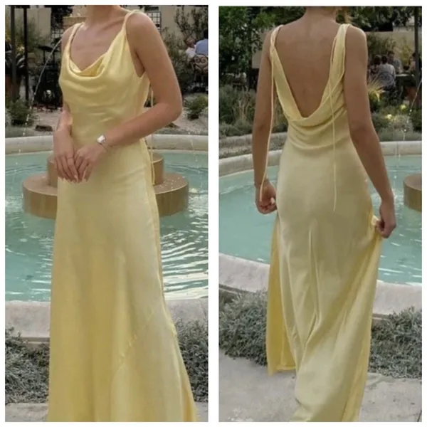 Zara Butter Yellow Satin Cowl Neck Midi Slip Dress Size Large Cocktail Wedding - Image 2