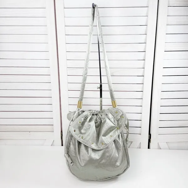 Lily Y2K Satin Studded Drawstring Hobo Pouch Bag‎ Sage Green Silver Gold - Image 4