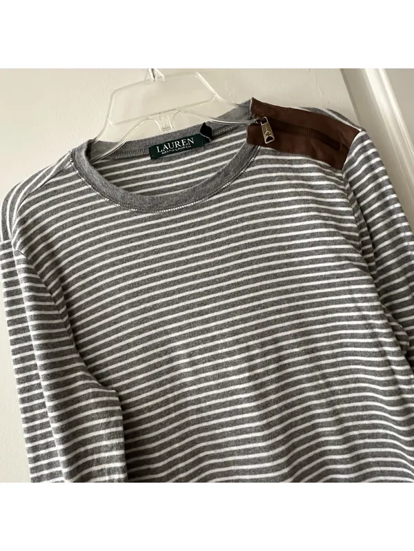 Lauren Ralph Lauren Large L Gray White Striped Long Sleeve T Shirt Brown Patches - Image 14