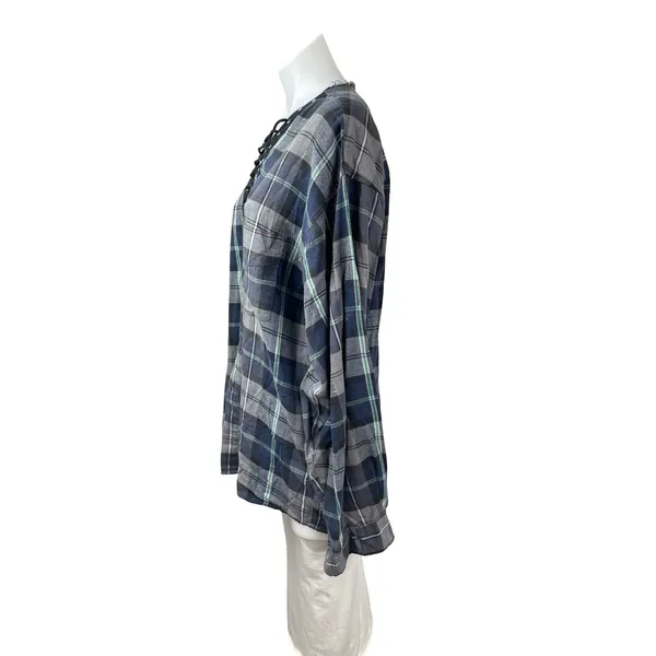 Furst of a Kind Plaid Check Flannel Long Sleeve V Neck Lace Up Shirt Top Sz L/XL - Image 2