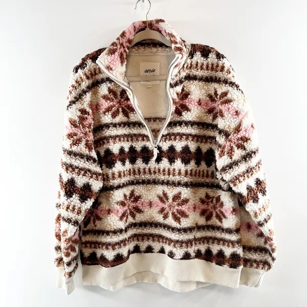 Aerie Hometown Holiday 1/4 Zip Fair Isle Sherpa Fleece Pullover Jacket White S - Image 2