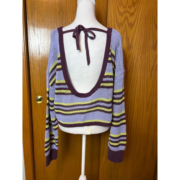 Anthropologie Striped Open Knit Cropped Sweater Open Back Tie purple L - Image 6