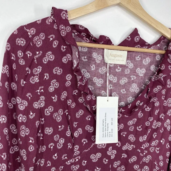 Auguste the Label Mae Devine Mini Dress Burgundy Floral Ruffle US 4‎ AU 8 JM193 - Image 6