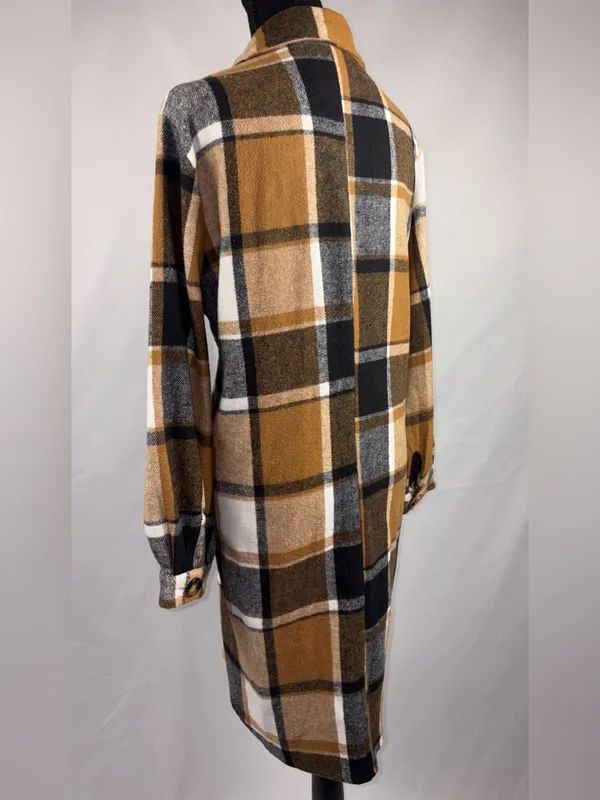 SheIn Plaid Long Coat/Jacket Shirt Camel Black White Plaid - Image 4