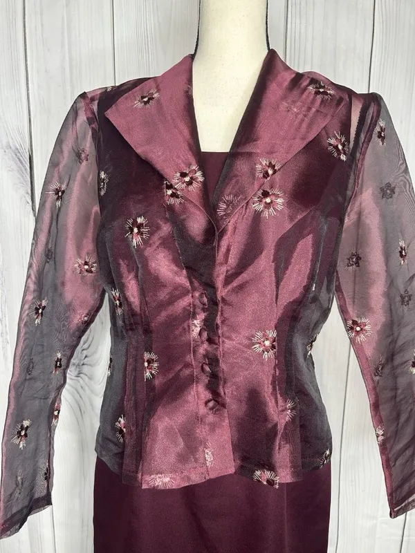 Karen Miller Purple Dress Suit Set Sz 8 Sheer Embroidered Jacket Sheath Dress - Image 2
