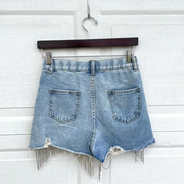 Savanna Jane Womens Shorts Rhinestone Tassel Blue Jean Denim Hippie Size Small - Image 3