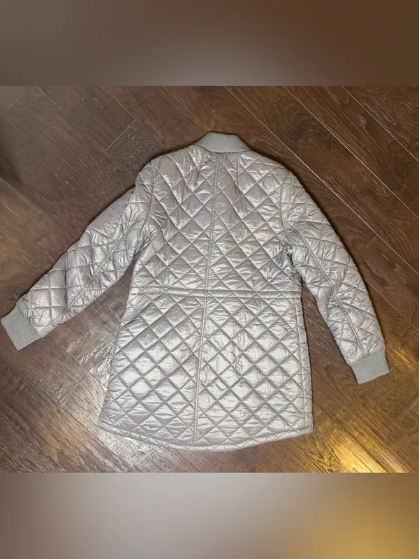 French Connection Large Silver Quilted Longline Bomber Jacket Coat - Image 4