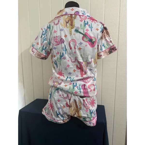 NIB Western Desert Pajama Set Short Sleeve Button Down Shorts Pastel Small - Image 5