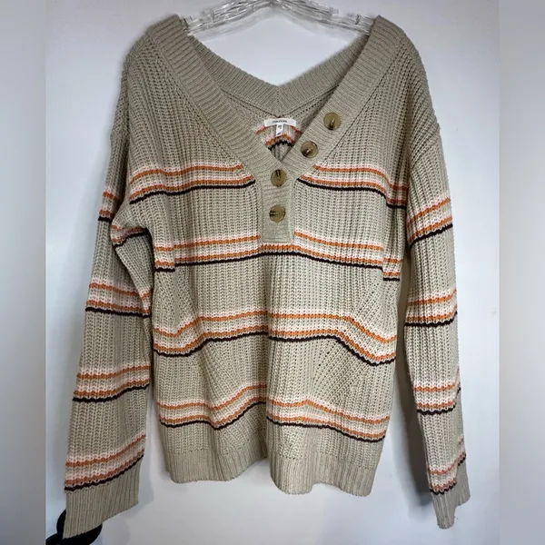 Maurices‎ Striped Vneck Knit Pullover Sweater Boho Tan Detail Womens size Med - Image 2