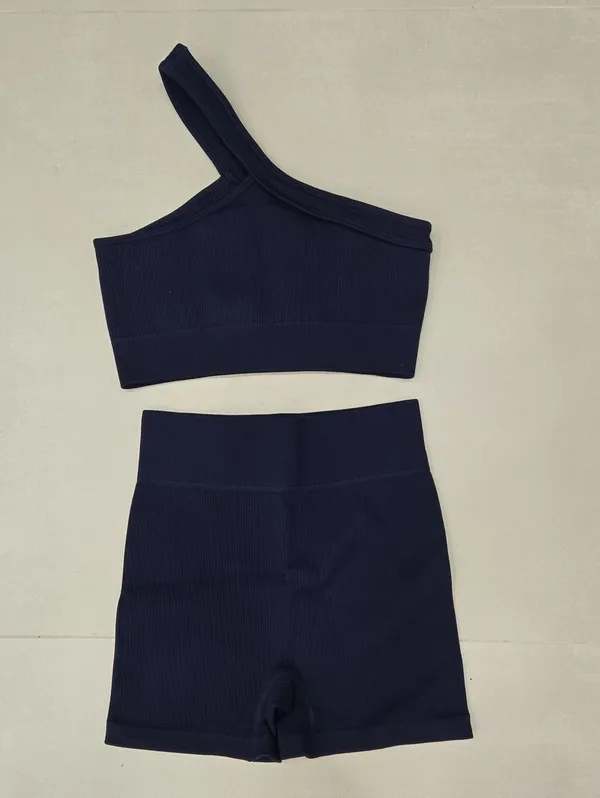 New Ribbed One-Shoulder Crop Top & High-Waist Shorts Set - Navy Size S - Image 2