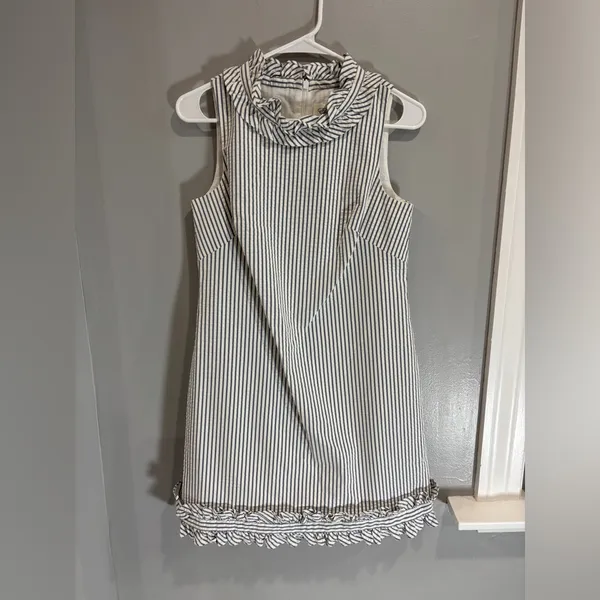 Eliza J. Sleeveless Blue Stripe Seersucker Ruffle Nautical Mini Dress 4 Sheath - Image 11