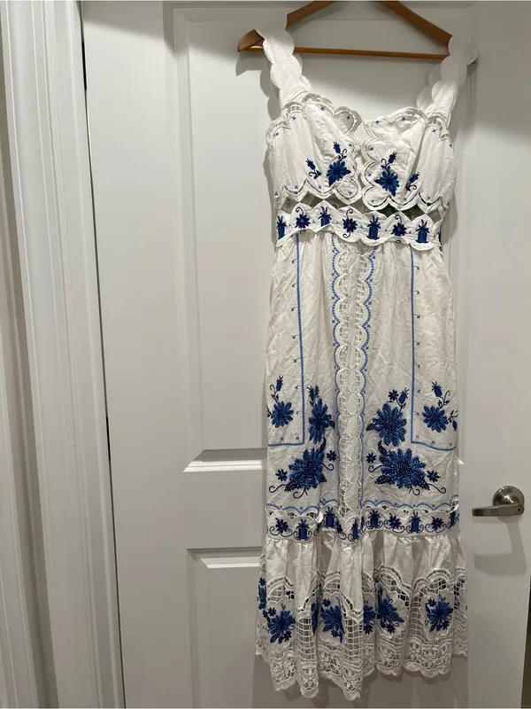 NWT Farm Rio Off-White Richelieu Sunflower Embroidered Midi Dress M - Image 4
