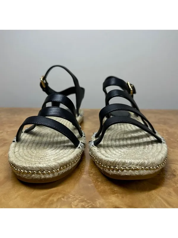 NEW Coach Carissa C2794 Black Leather Espadrille Sandals Gold Trim 8.5B - Image 4