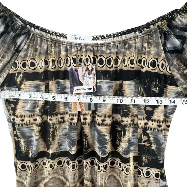 Parker Mini‎ Dress XS Black Gray Tan Gold Abstract Stretch Bell Sleeve Boho Chic - Image 7