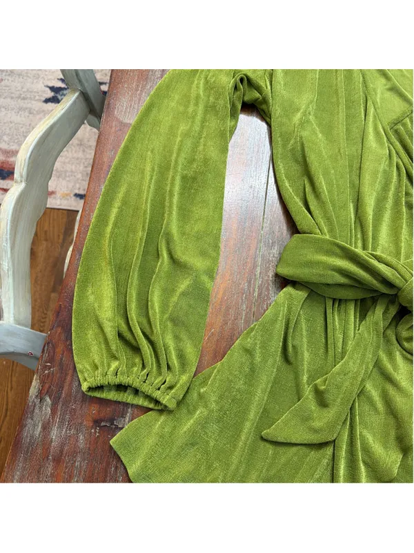 ⁠Princess Polly Olive Chartreuse Slinky Wrap Shirt Dress Collar Long Sleeve US 2 - Image 3