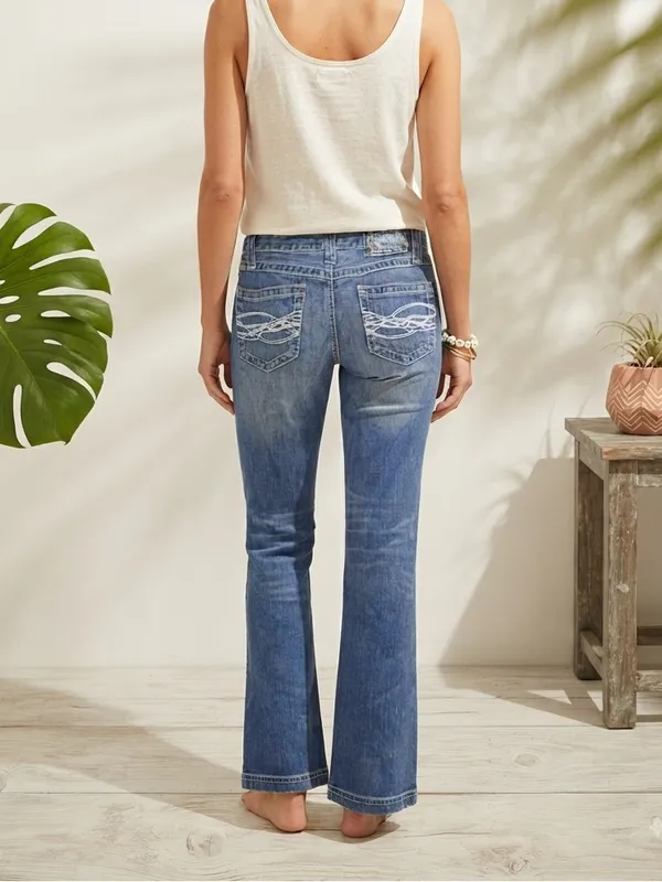 CRUEL GIRL Low Rise Slim Embroidered Pocket Bootcut Western Jeans | Medium Wash - Image 2