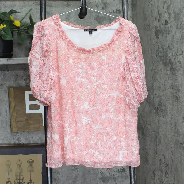 NEW Studio By JPR Floral-Print Sheer Puff Sleeve Blouse Top Shell Pink / White M - Image 2