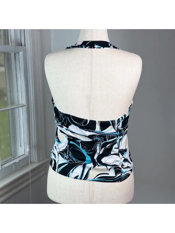 Y2K Vintage Halter Top Blue Black Floral Abstract Swirls Small McBling Going Out - Image 3