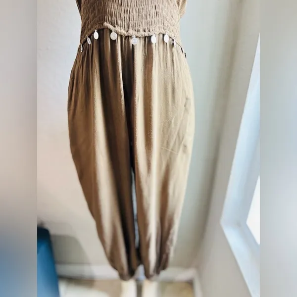 Earthbound Trading Co halter neck, gathered waist, harem leg jumpsuit, olive S - Image 5