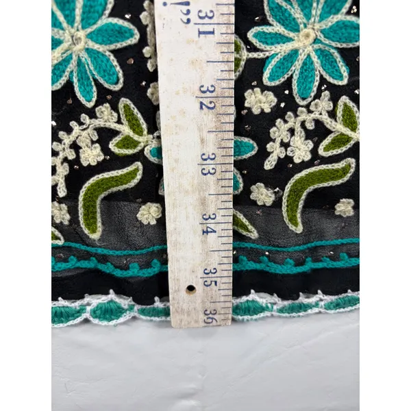 Boho‎ Floral Hand Embroidered Kurta Tunic Top Black Turquoise Scallop Trim M/L - Image 5