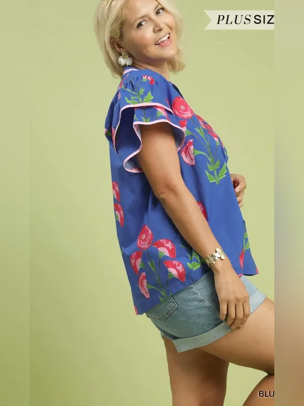 New! Umgee Cotton Plus Size Blue Floral V-Neck Women’s Top Size 2X - Image 4