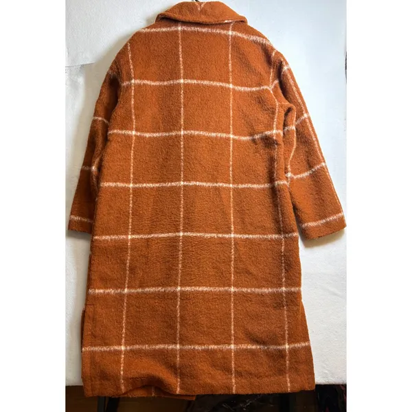 Old Navy Womens Long Windowpane Plaid Coat Rust Orange Boucle Overcoat Large - Image 4
