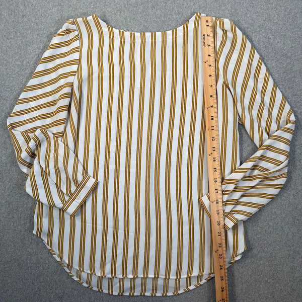 LOFT Women's Medium White Yellow Stripe Long Sleeve Keyhole Back Blouse Top - Image 5