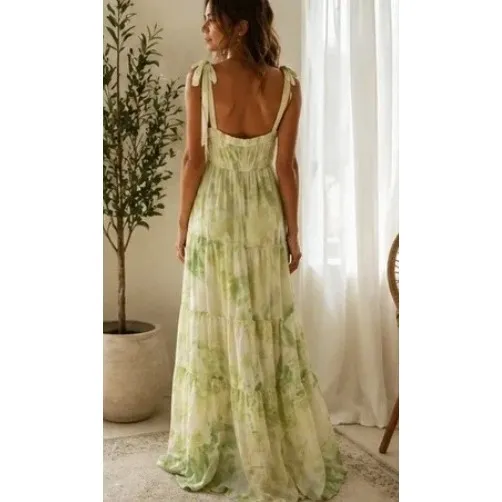 Line & Dot Green Tie Dye Tiered Maxi Dress Tie Strap Sz Small Cottagecore Summer - Image 2
