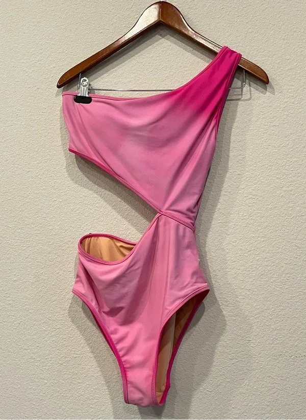 J. Crew Pink Ombré One Piece Asymmetrical Cut Out Swimsuit Size Medium - Image 2