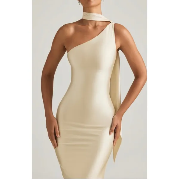 Oh Polly Sheril Asymmetric Scarf-Detail Maxi Dress in Ivory Size 4 New - Image 5