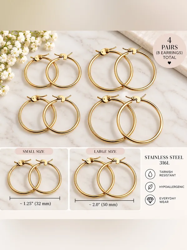4 pairs - Gold Stainless Steel Hoop Earring Set cute new daily wear gift - Image 2