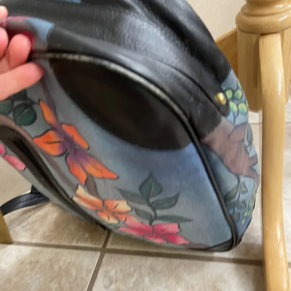 Anuschka Hand Painted Leather Hobo Bag Blue Tropical Bird Floral coin&cell case - Image 11
