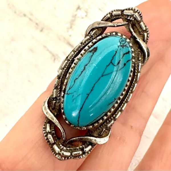 Turquoise tone silver tone adjustable ring - Image 4