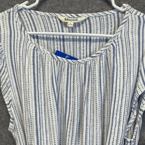 BRIGGS Linen Blend Midi Dress L Blue Striped Flutter Sleeve Belted NWT Coastal - Image 11