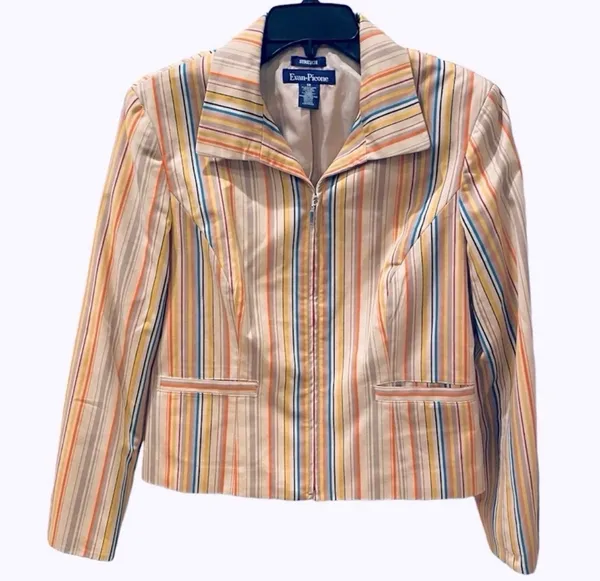 Retro 70s Striped Multicolor Zip Blazer Evan Picone Tan Yellow Orange 12 - Image 2