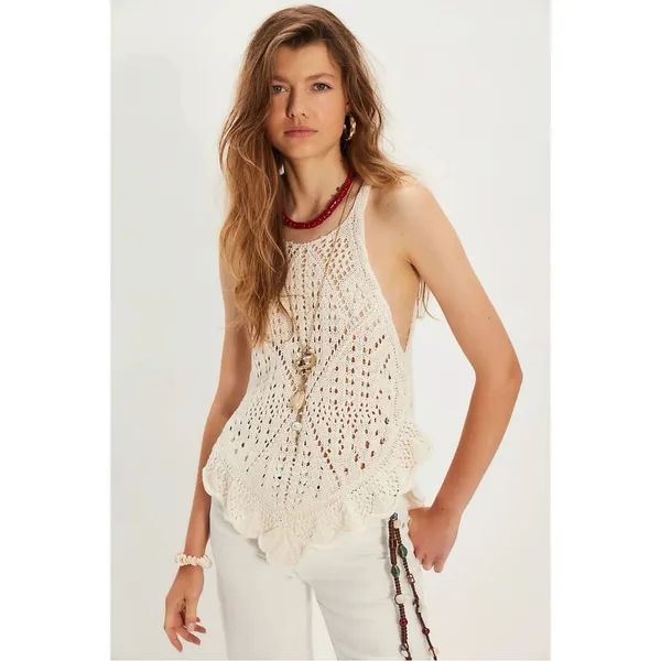 Free People Retro 70s Beachy Crochet Sea Song Sweater Tank Tunic Medium Neutral - Image 4