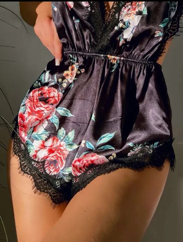 Boutique Floral Print Black Lace Trim Satin Teddy Bodysuit (M) New - Image 3
