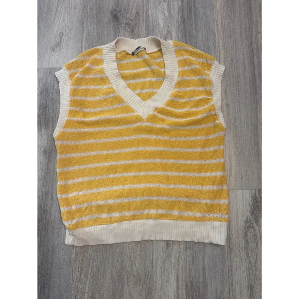 Zara Womens Oversized Yellow‎ White Striped Knit V-Neck Sweater Vest Size Medium - Image 2