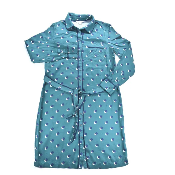 Boden Teal Green Crescent Moon Polka Dot Shirt Dress US 8R Navy Piping Belted - Image 4