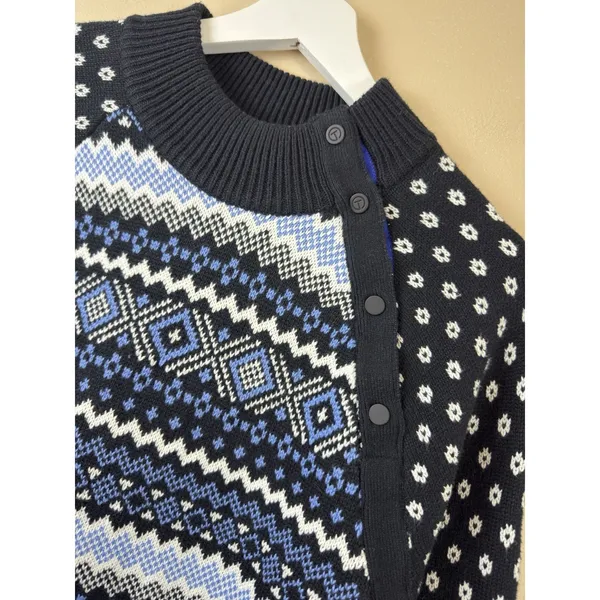T by Talbots Fair Isle Thermolite Snap Mockneck Sweater Black/Blue Womens M NWOT - Image 4