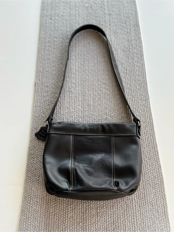 Vintage Black Leather Contrast Stitching Shoulder Bag Purse - Image 3