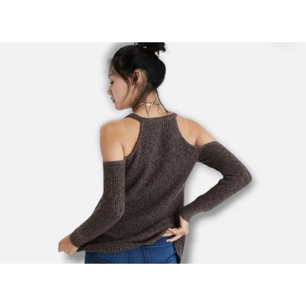 American Eagle Women's Cold Shoulder Brown Knit Sweater Zipper‎ Detailing Sz SM - Image 2