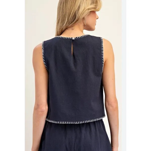 Chic Ann Taylor Loft Sweater Knit Top Womens M Navy Blue Tweed‎ With Silver Trim - Image 5